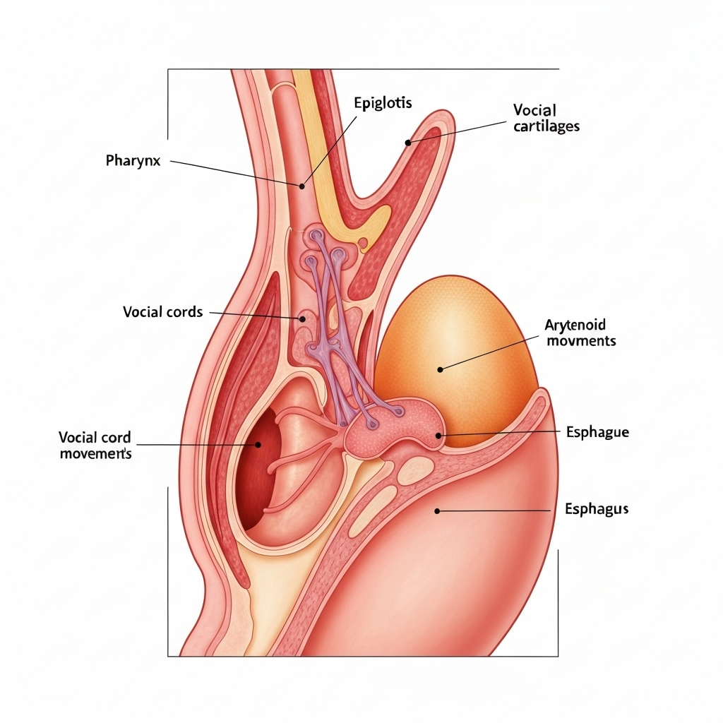 Anatomical diagram of the larynx showing vocal cords, epiglottis, and surrounding structures